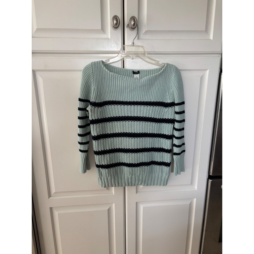 J.Crew Womens Mint Green Navy Blue Striped Cotton Chunky Knit Sweater Size Small